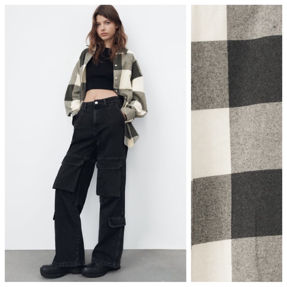 NWT. Zara Oversized Black/Cream Plaid Flannel Shirt. Size M. - Picture 2 of 10